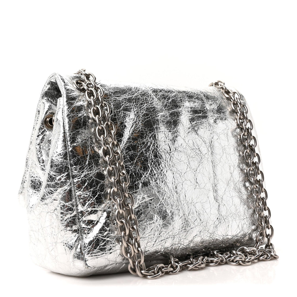 Metallized Arena Calfskin MIni Monaco Chain Shoulder Bag Silver