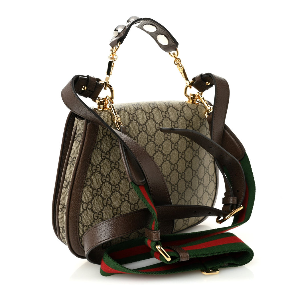 GG Supreme Monogram Textured Dollar Calfskin Web Medium Blondie Top Handle Shoulder Flap Bag Beige Ebony New Acero