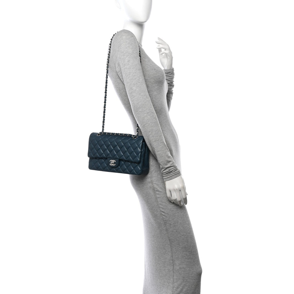 Pearly Caviar Quilted Medium Double Flap Blue