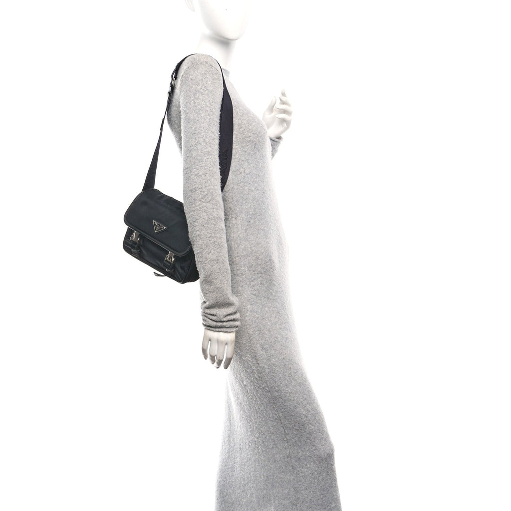 Re-Nylon Saffiano Pocket Double Snap Buckle Shoulder Bag Black