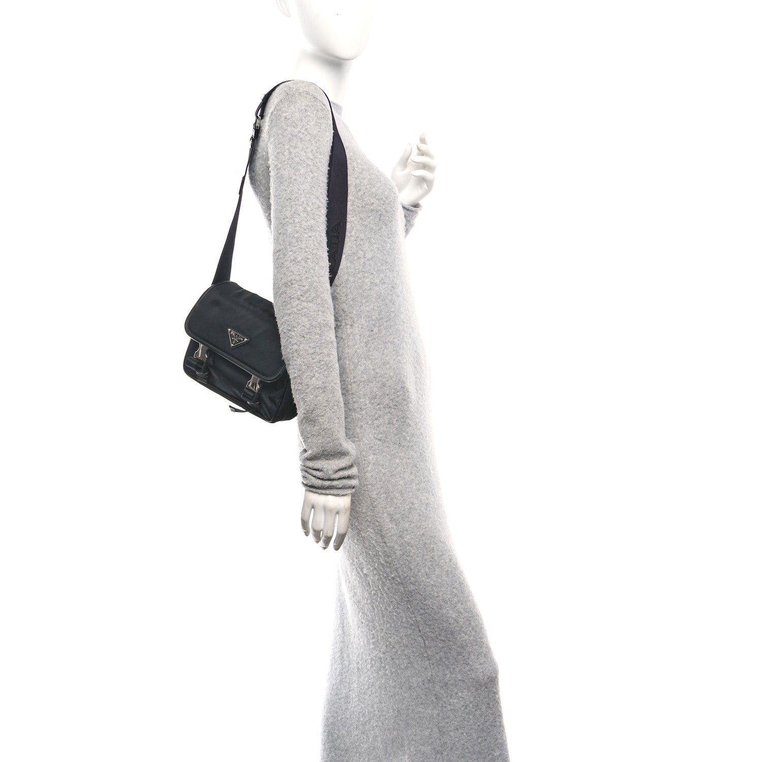 Re-Nylon Saffiano Pocket Double Snap Buckle Shoulder Bag Black