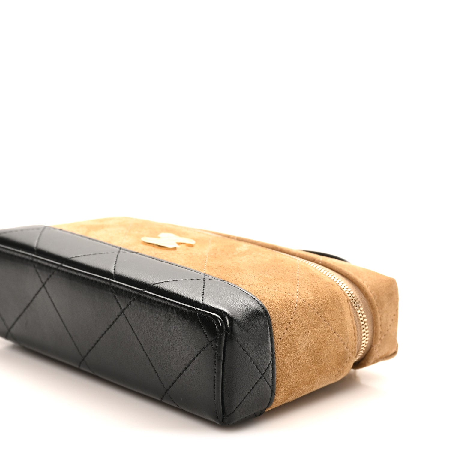 Suede Calfskin Shiny Lambskin Stitched Top Handle Slim Vanity Case With Chain Beige Black