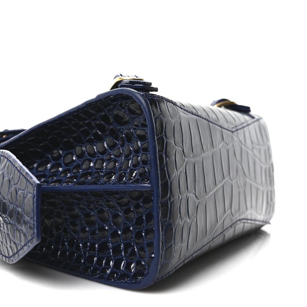 Shiny Supple Calfskin Crocodile Embossed Neo Classic Gold Hardware Mini City Navy