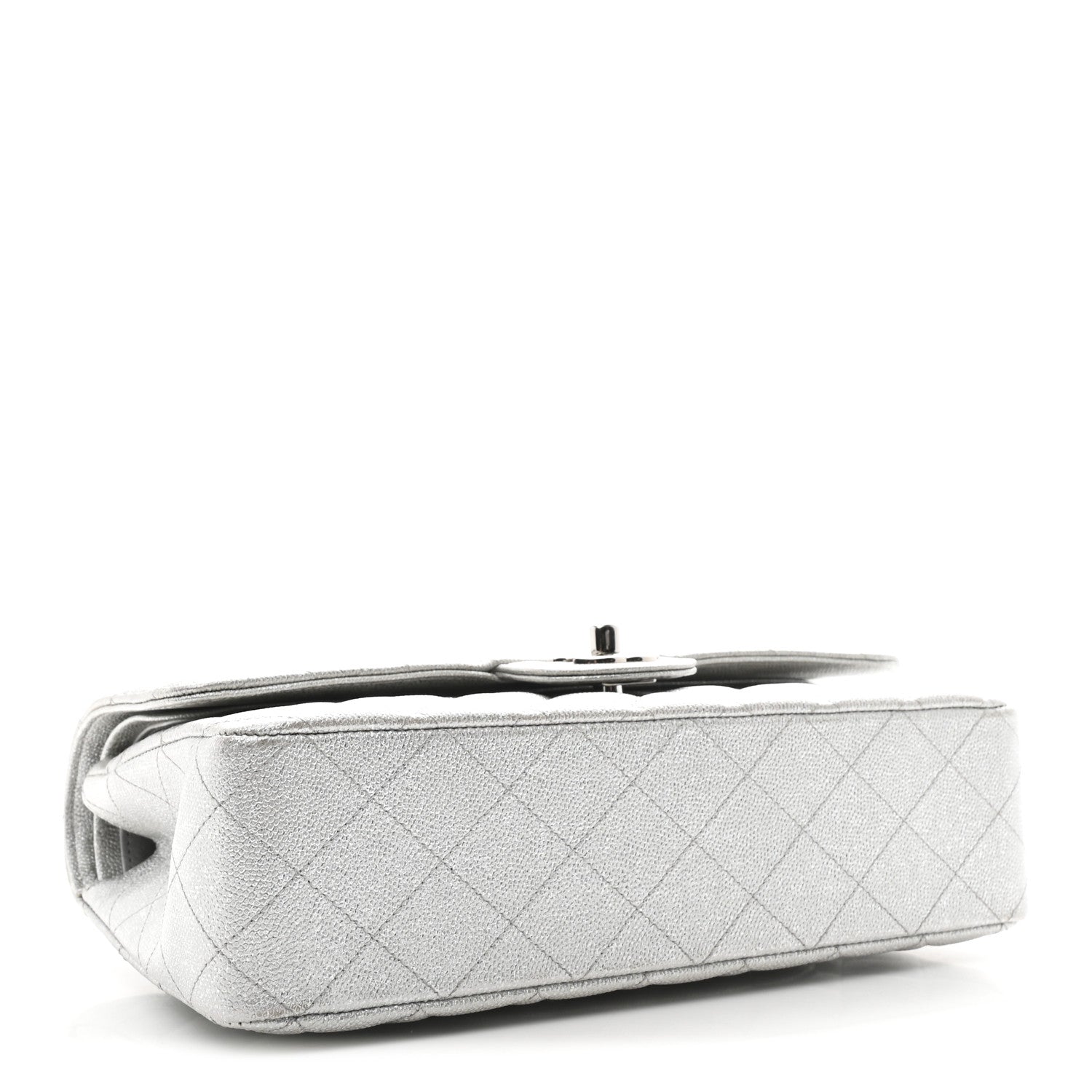 Glittered Metallic Caviar Quilted Medium Double Flap Silver