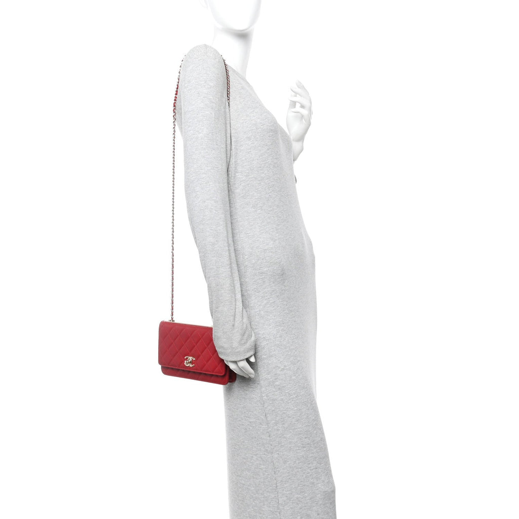 Lambskin Quilted Trendy CC Wallet On Chain WOC Red