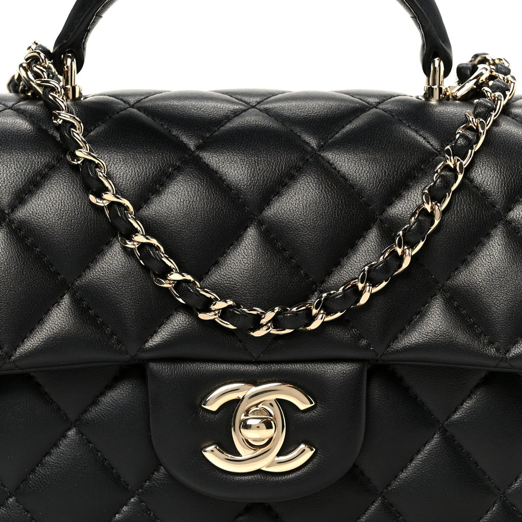 Lambskin Quilted Mini Top Handle Rectangular Flap Black