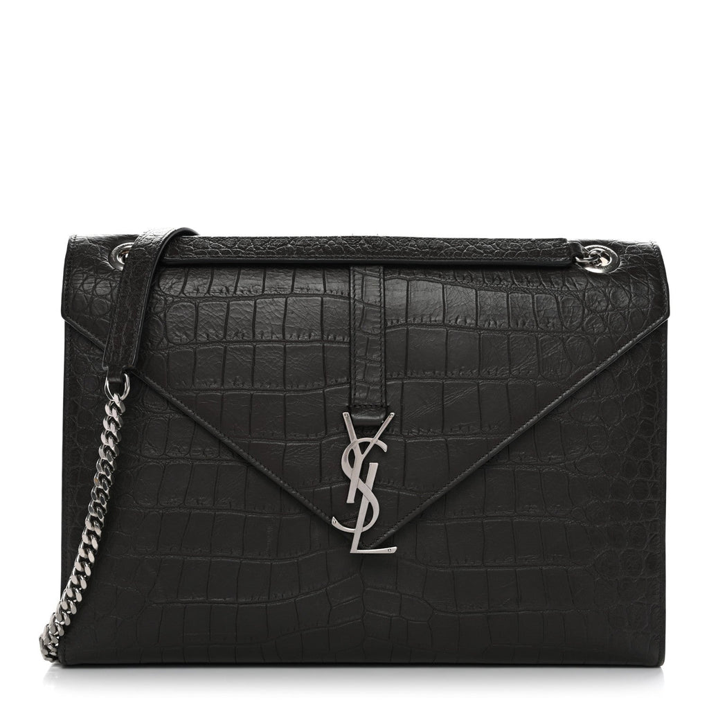 Calfskin Crocodile Embossed Large Monogram Satchel Dark Brown