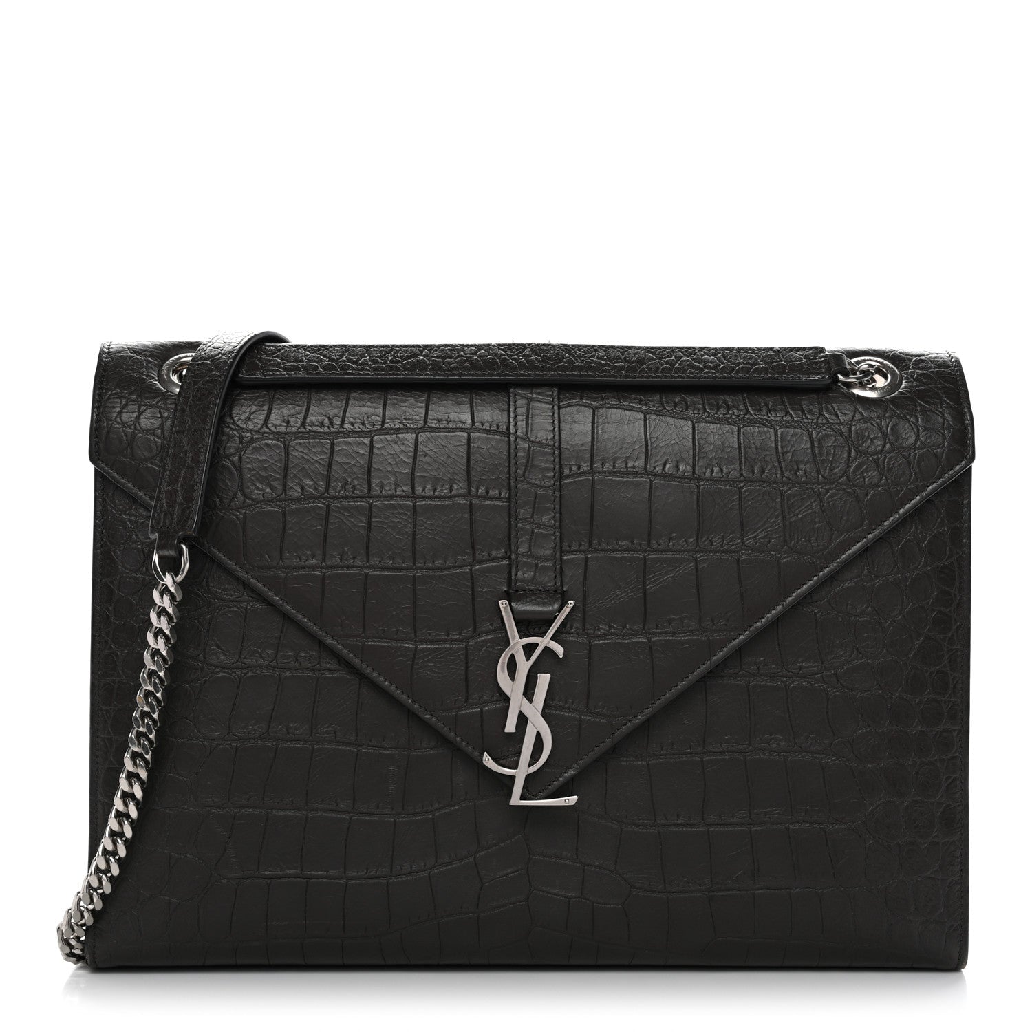 Calfskin Crocodile Embossed Large Monogram Satchel Dark Brown