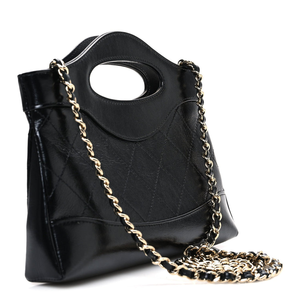 Shiny Crumpled Calfskin Quilted Nano 31 Shopping Bag Black