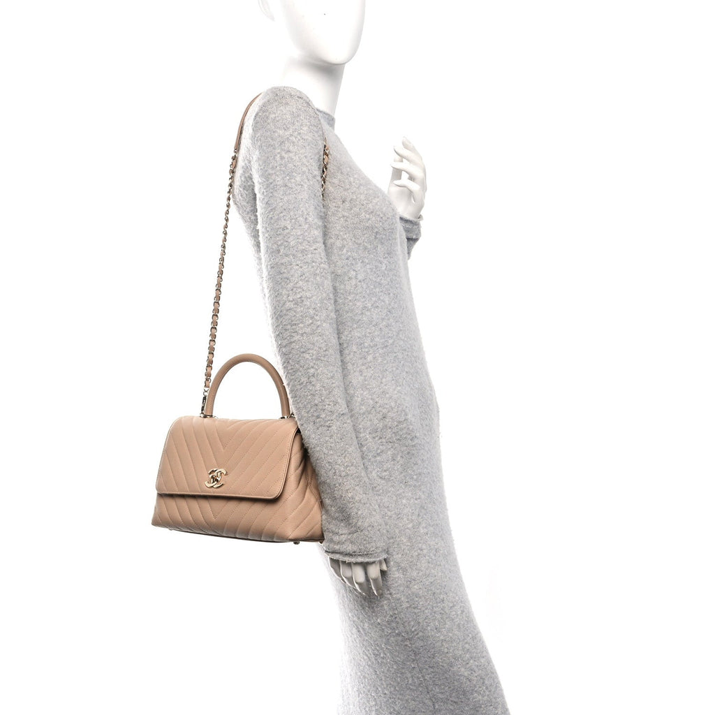 Caviar Chevron Quilted Small Coco Handle Flap Beige