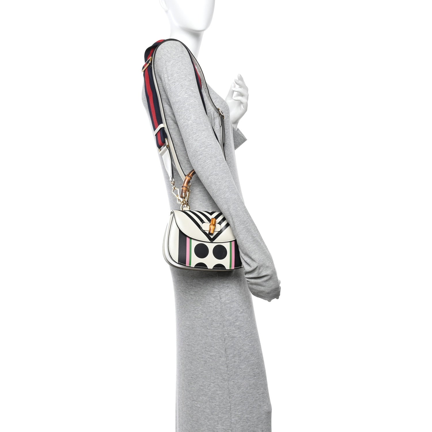 Calfskin Web Geometric Print Small Bamboo 1947 Top Handle Bag White Multicolor