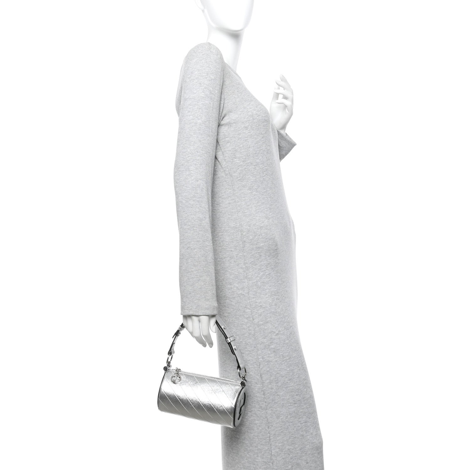 Sakai Be Green Calfskin Diagonal Stitched Mini Blondie Barrel Shoulder Bag Silver