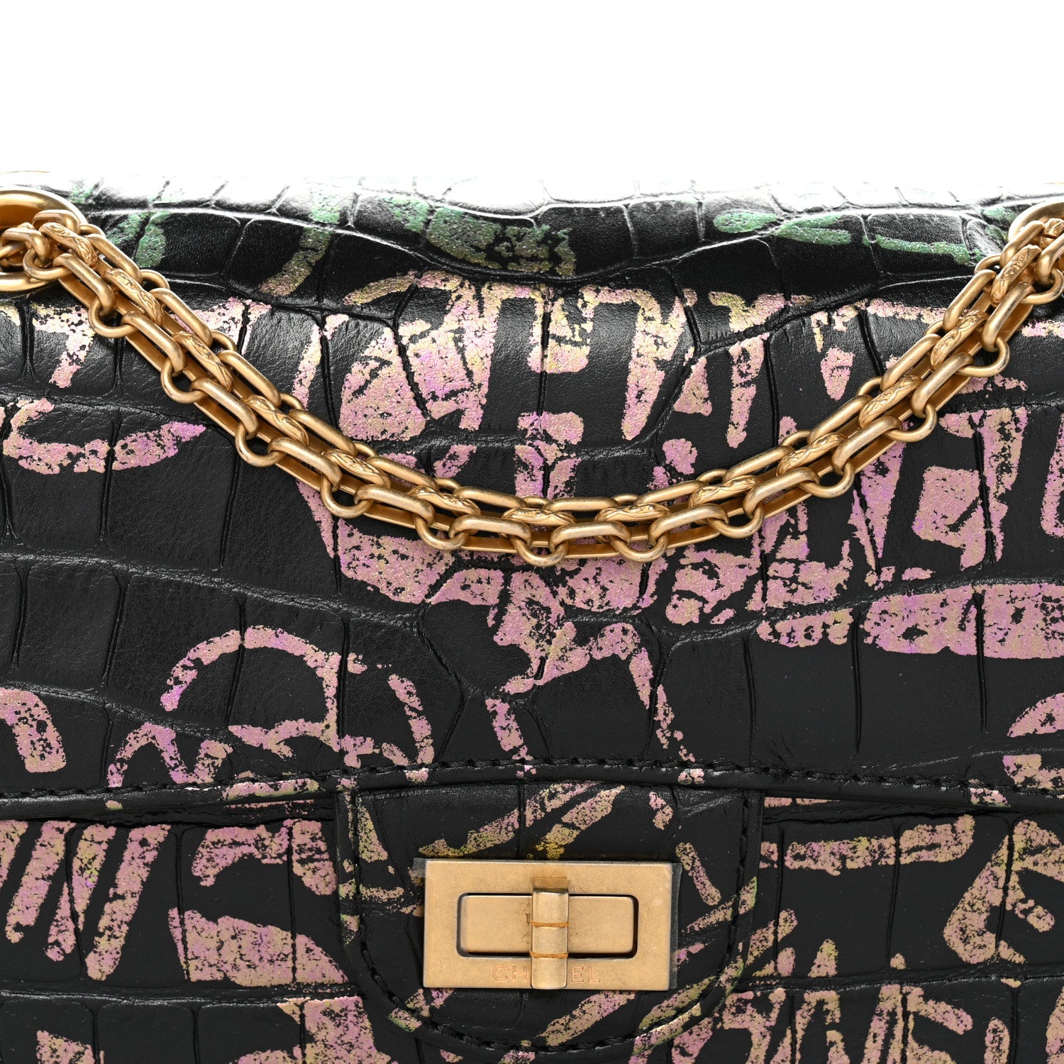 Calfskin Crocodile Embossed Graffiti 2.55 Mini Cocodile Reissue Flap Black Pink