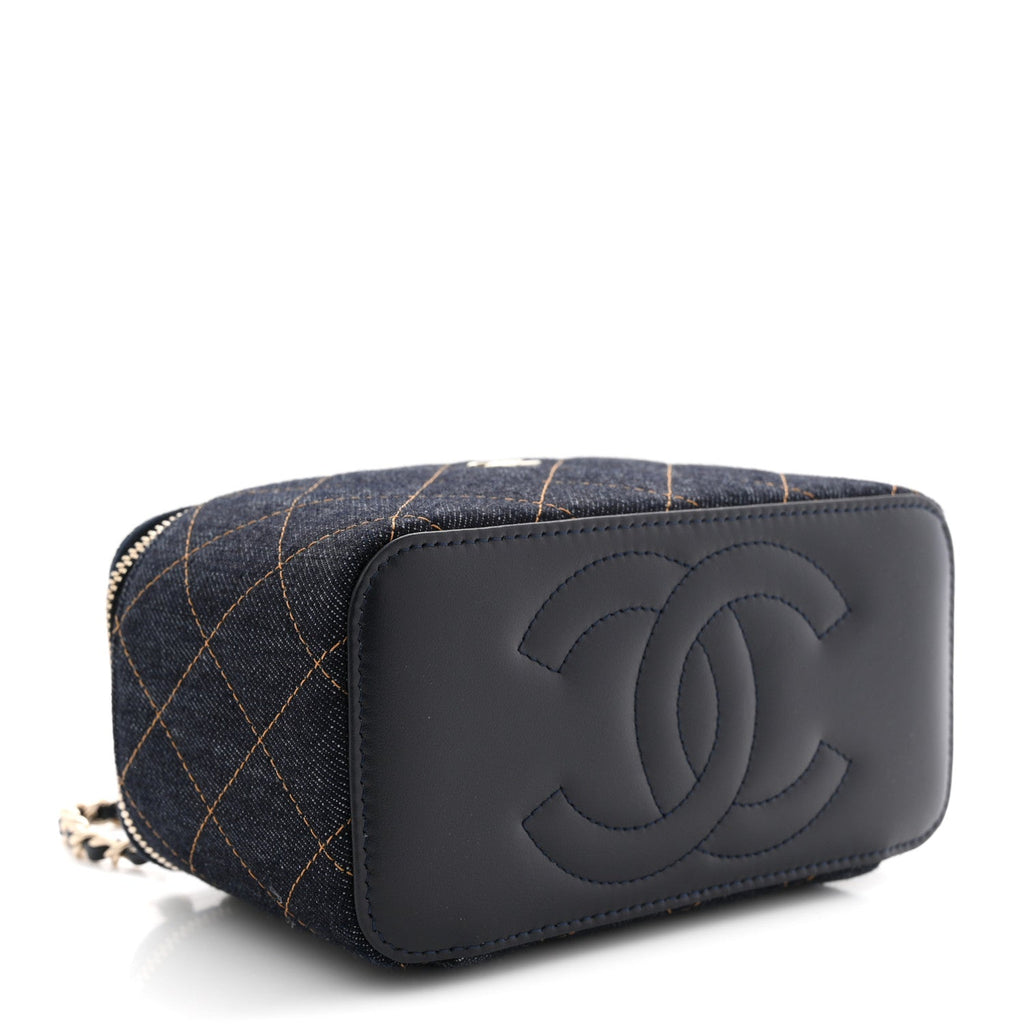 Denim Quilted Vanity Case With Chain Dark Blue