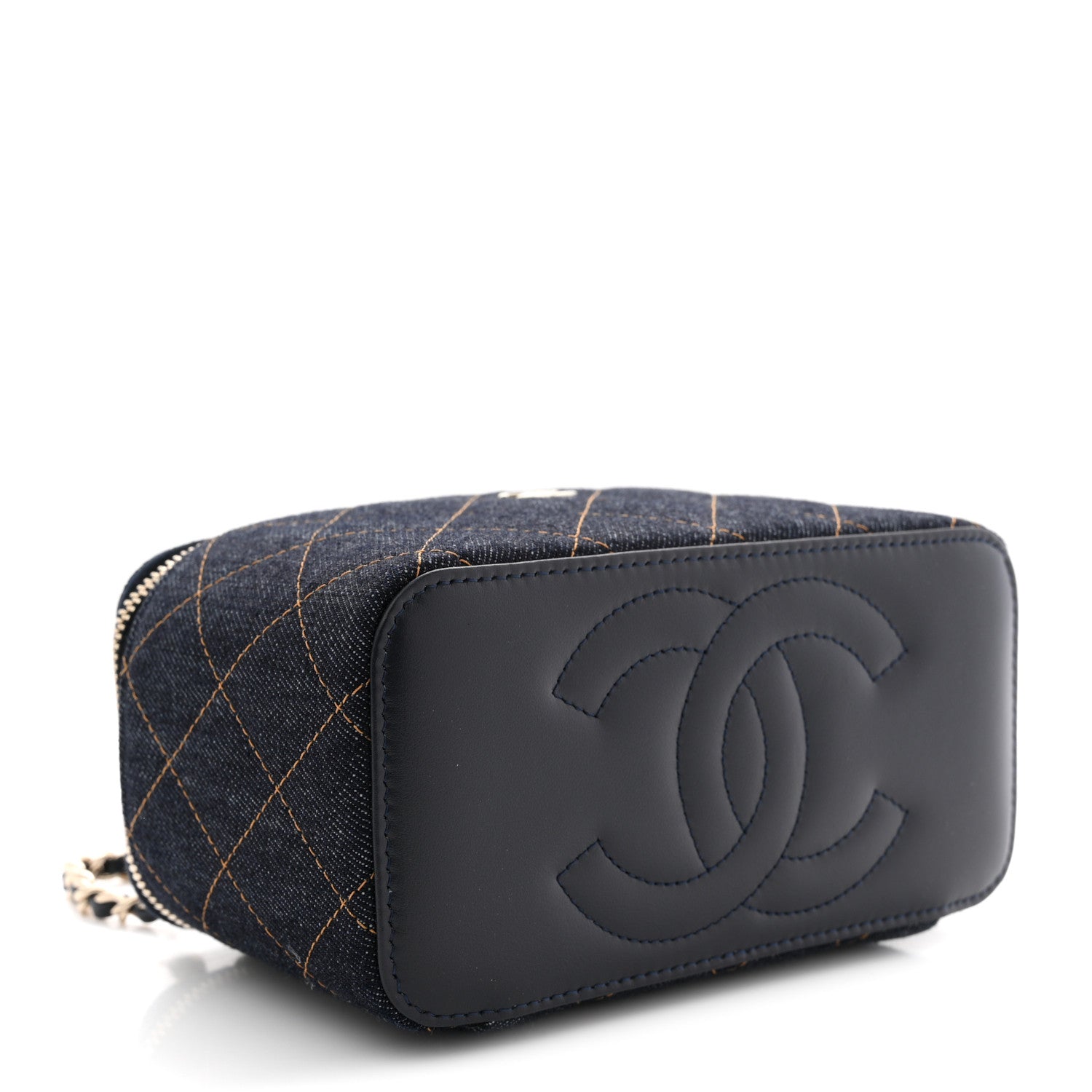 Denim Quilted Vanity Case With Chain Dark Blue