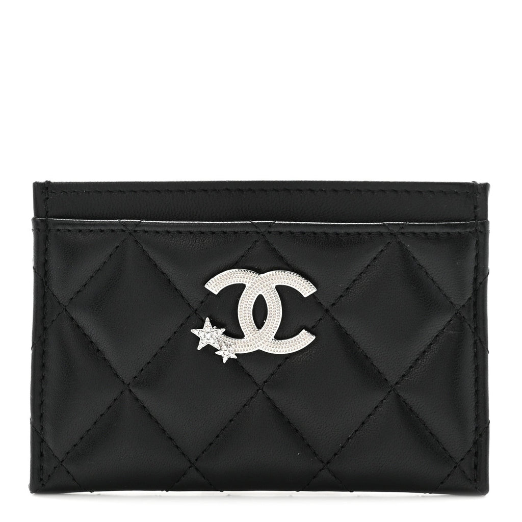 Lambskin Crystal Quilted Studded CC  Holder Black