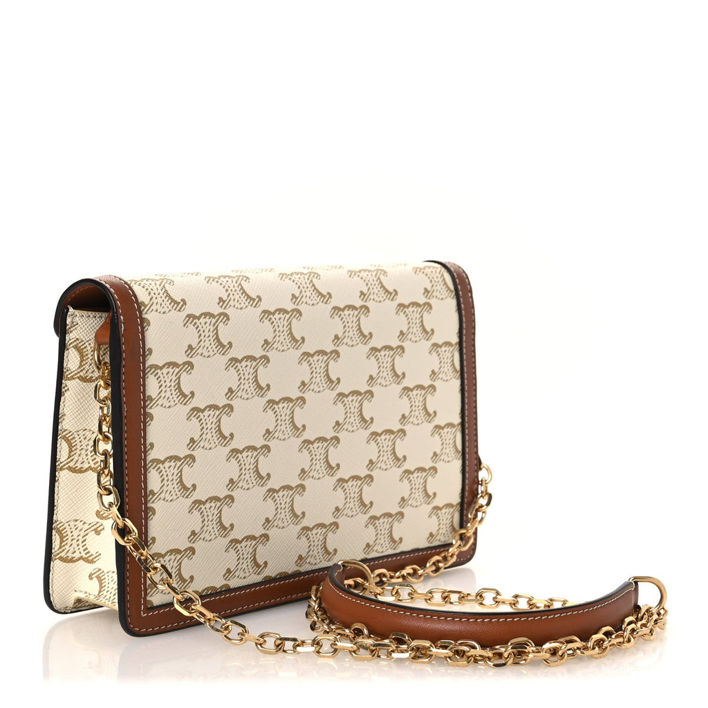 Triomphe Canvas Calfskin Maillon Wallet on Chain White