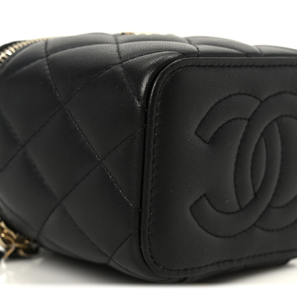 Lambskin Quilted Top Handle Mini Vanity Case With Chain Black