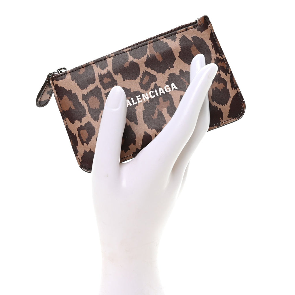 Calfskin Logo Leopard Print Cash Long Coin  Holder Beige White