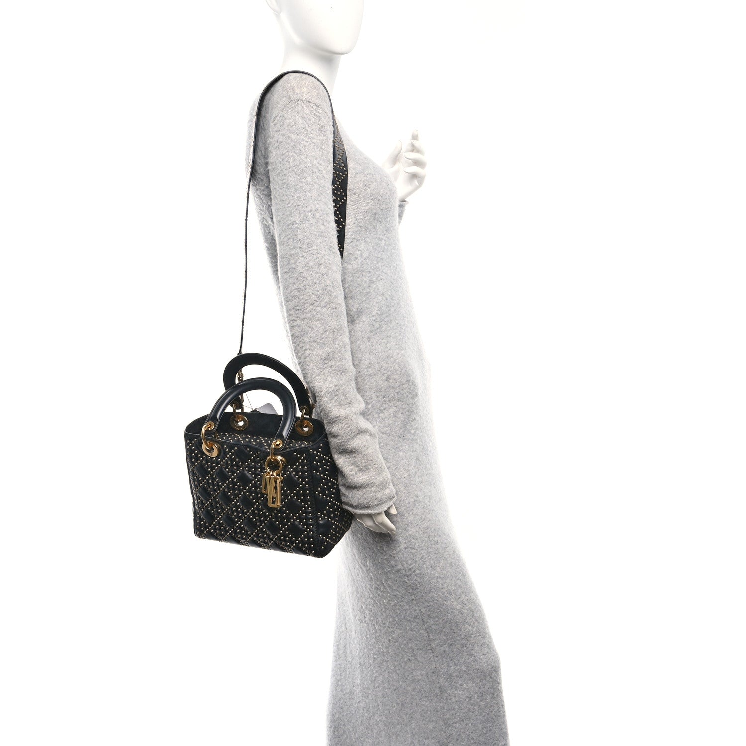 Calfskin Cannage Studded Medium Supple Lady Dior Black