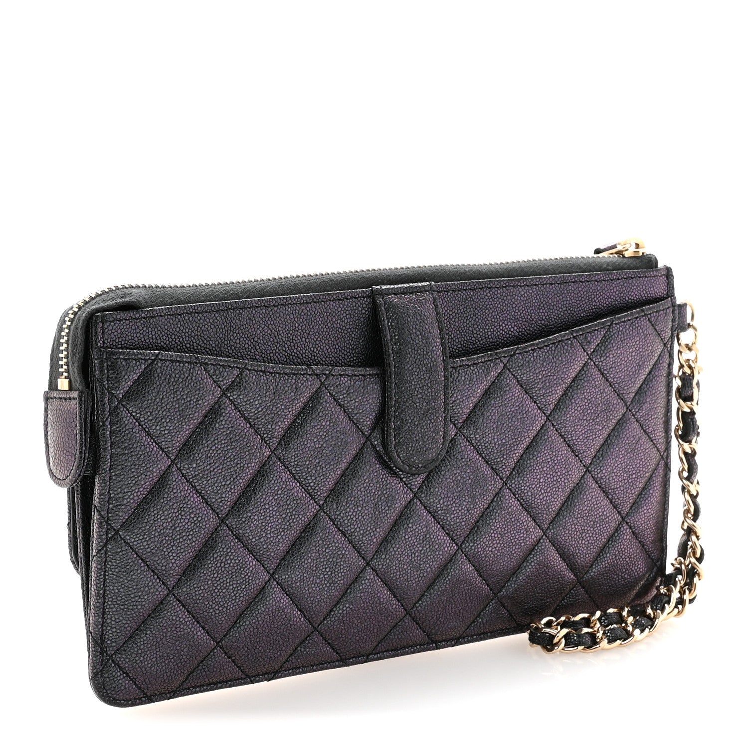Iridescent Caviar Quilted Classic Pouch With Handle Black
