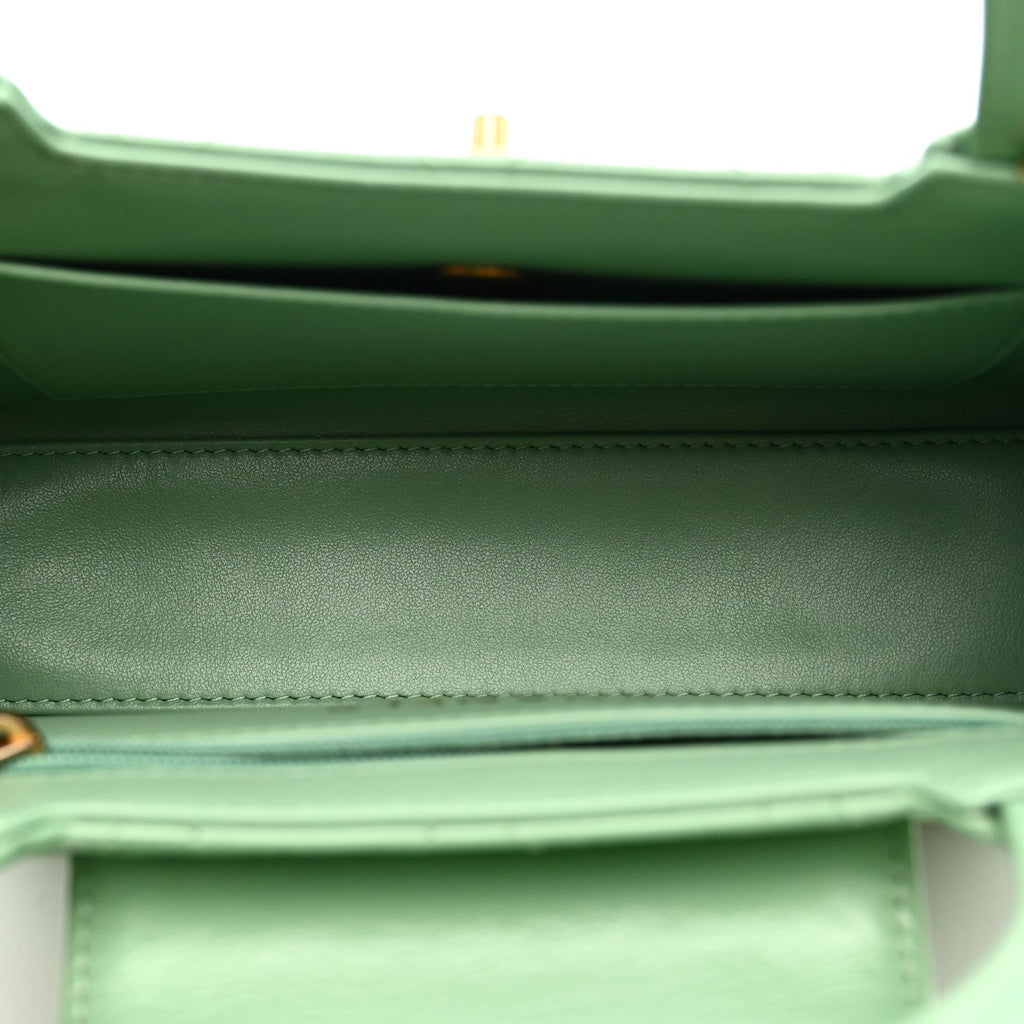 Shiny Aged Calfskin Quilted Nano Kelly Shopper Light Green