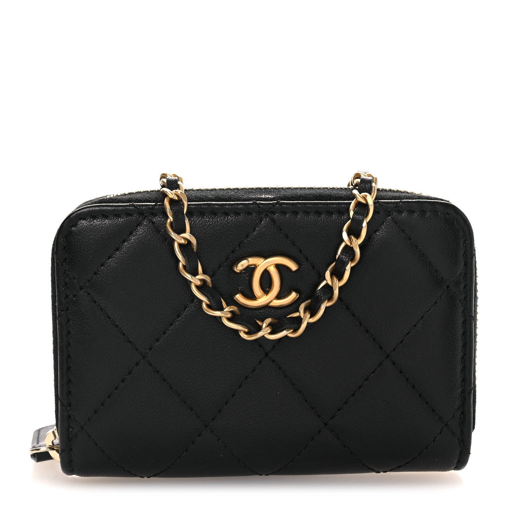 Lambskin Quilted CC Pearl Crush Zip  Holder On Chain Black