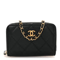 Lambskin Quilted CC Pearl Crush Zip  Holder On Chain Black