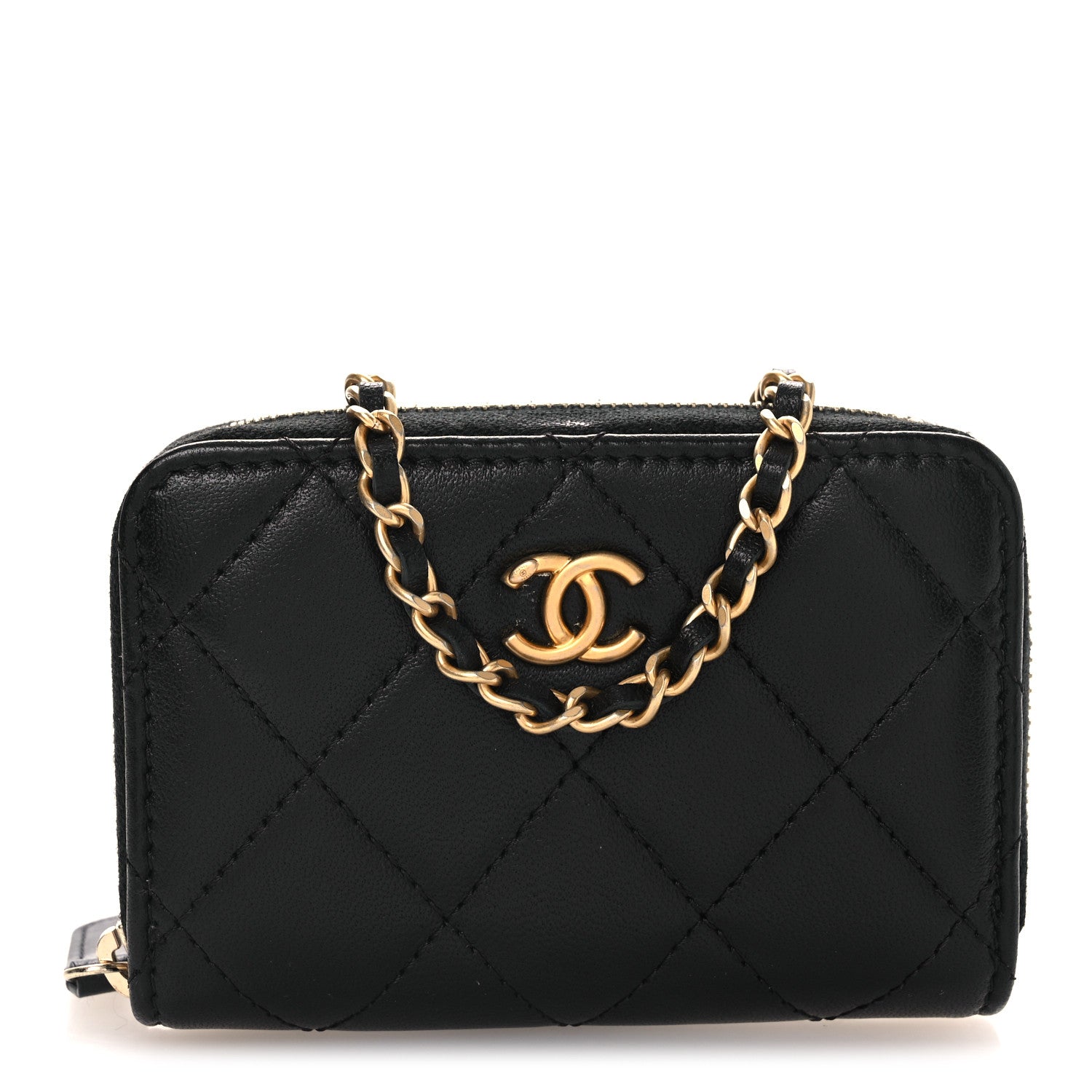 Lambskin Quilted CC Pearl Crush Zip  Holder On Chain Black