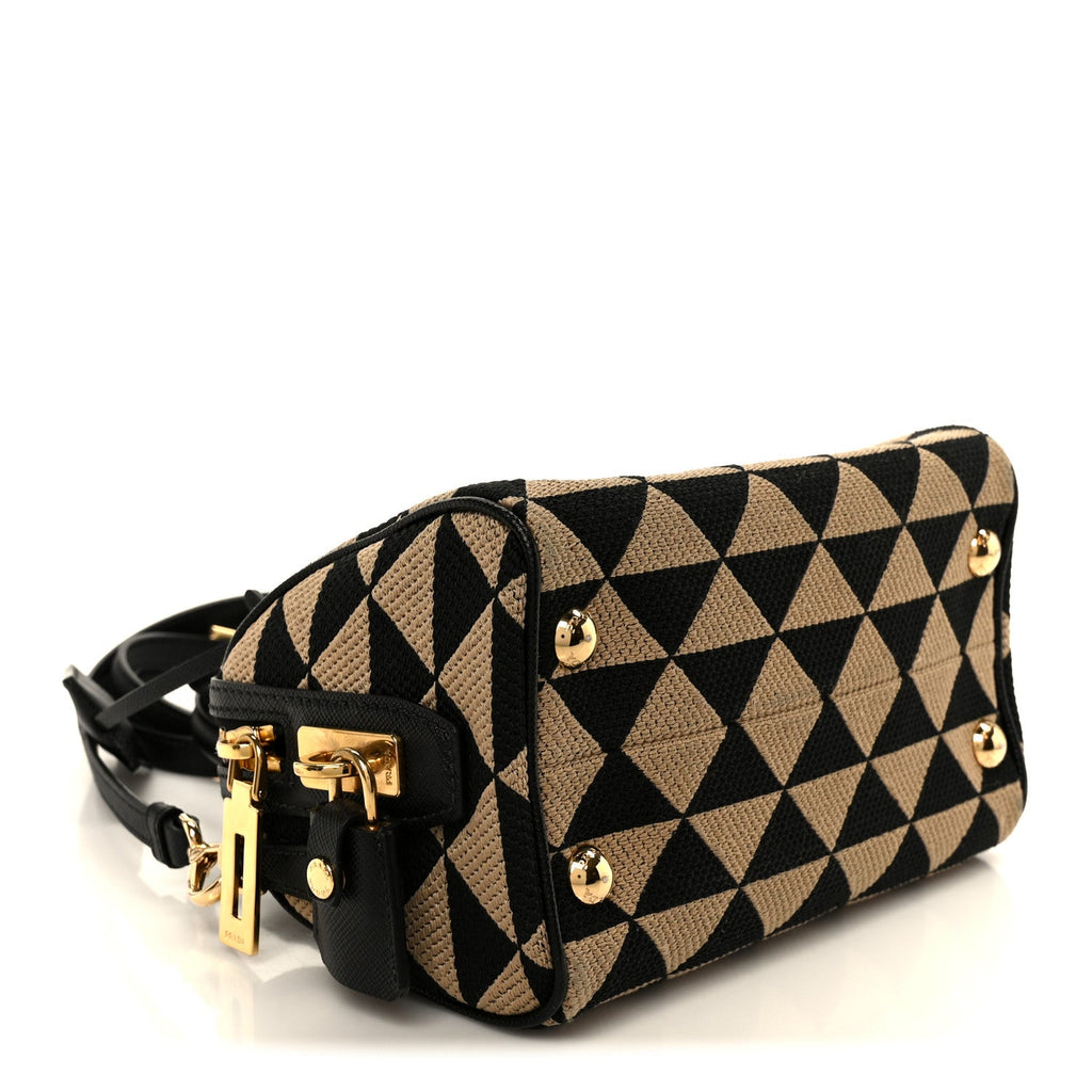 Jacquard Saffiano Triangolo Symbole Embroidered Top Handle Crossbody Bag Black Corda