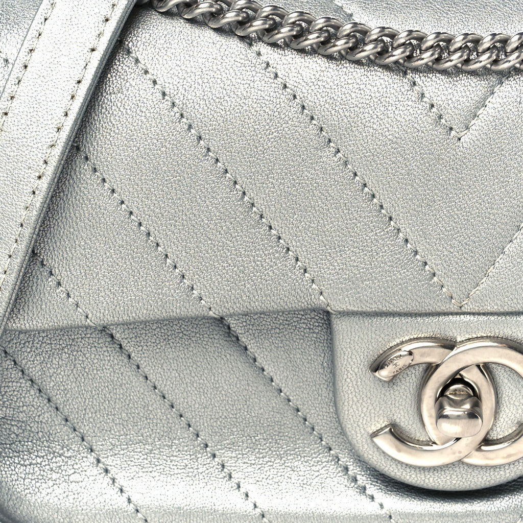 Metallic Lambskin Chevron Quilted Mini Rectangular Flap Silver