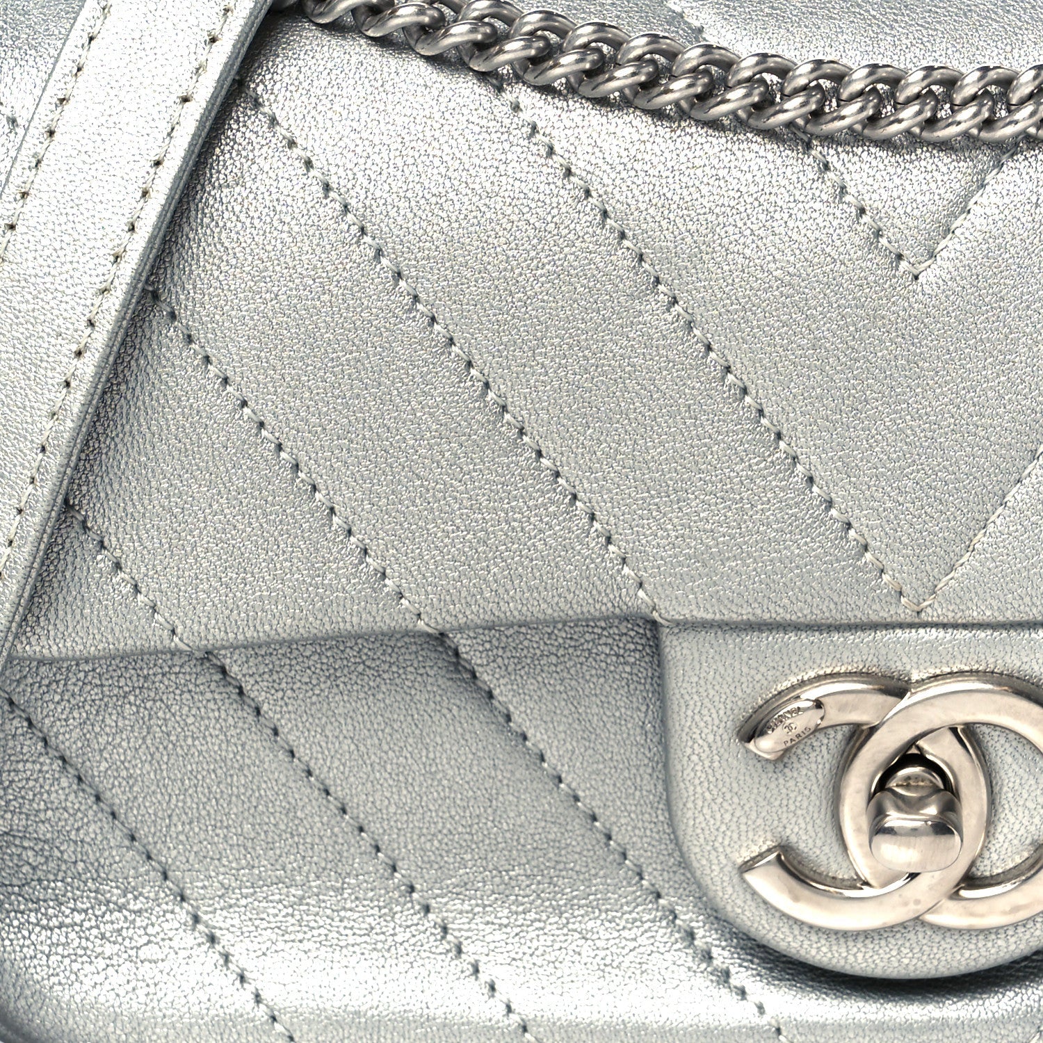 Metallic Lambskin Chevron Quilted Mini Rectangular Flap Silver