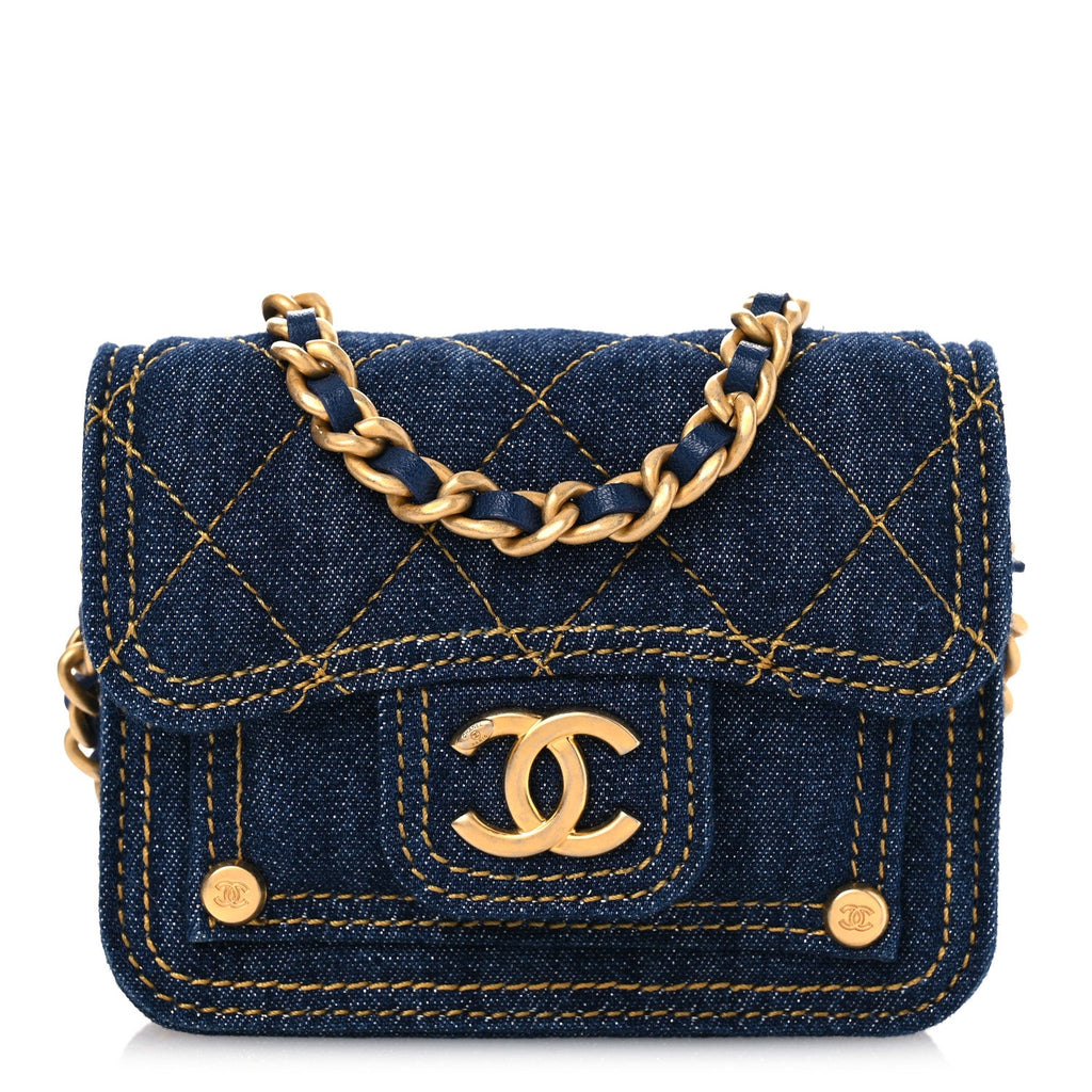 Denim Quilted Double You  Holder On Chain Blue