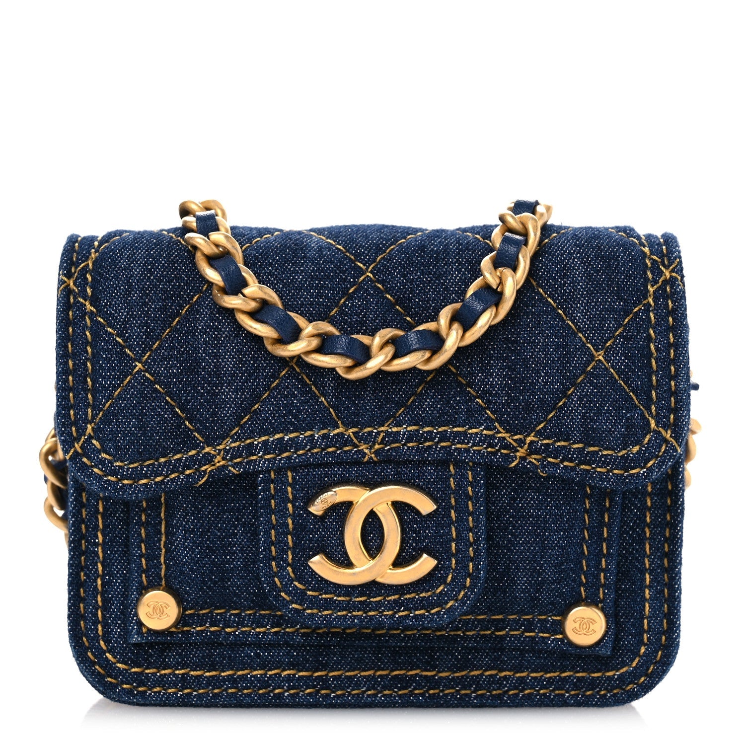 Denim Quilted Double You  Holder On Chain Blue