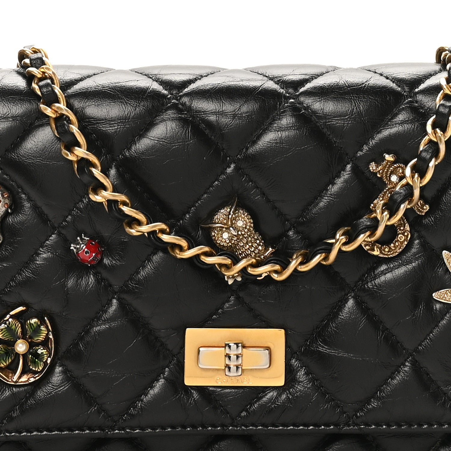 Aged Calfskin Lucky Charms 2.55 Reissue Wallet on Chain WOC Black