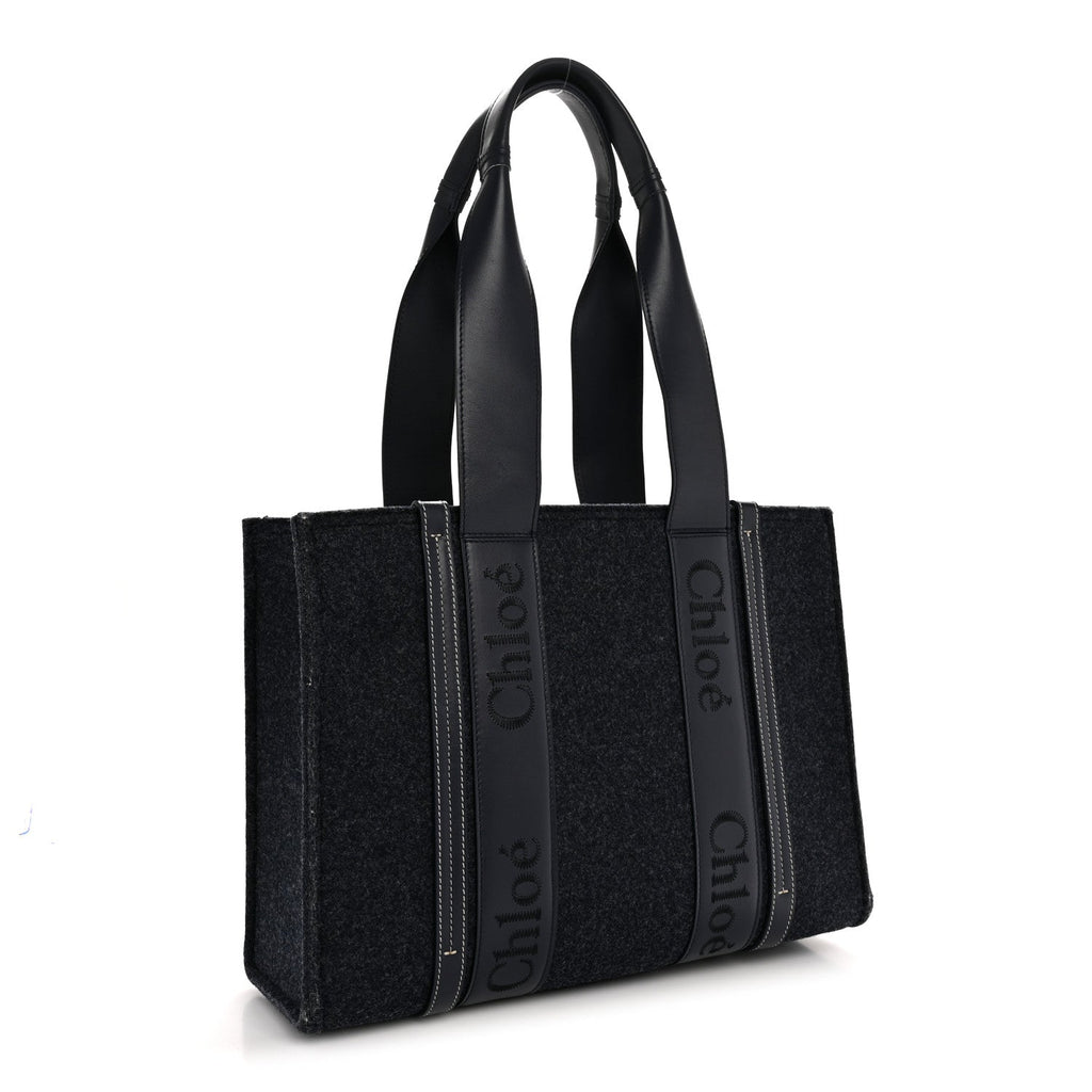 Felt Shiny Calfskin Medium Woody Ribbon Tote Obscure Navy