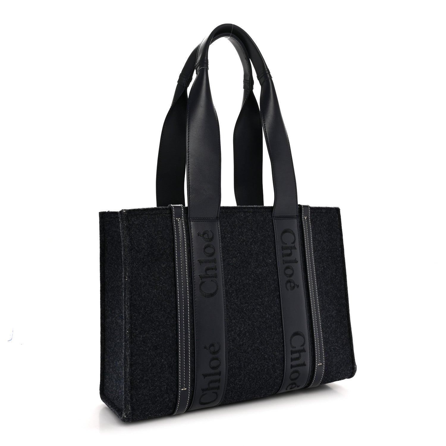 Felt Shiny Calfskin Medium Woody Ribbon Tote Obscure Navy