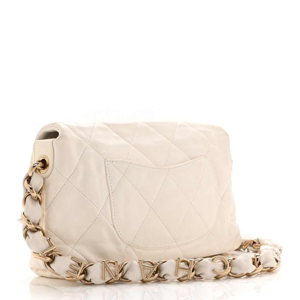 Lambskin Quilted Logo Strap Flap White