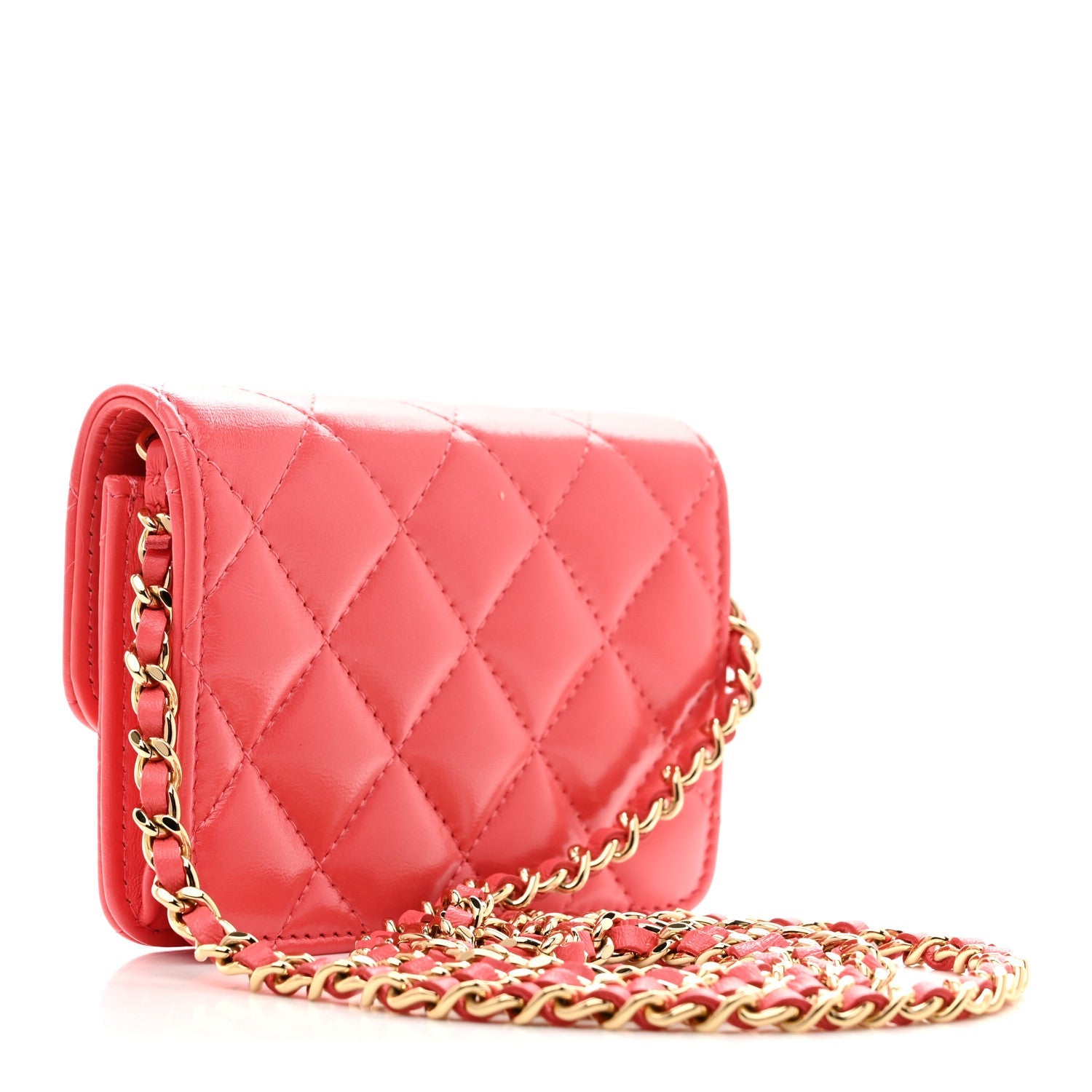 Shiny Lambskin Quilted  Holder On Chain Pink