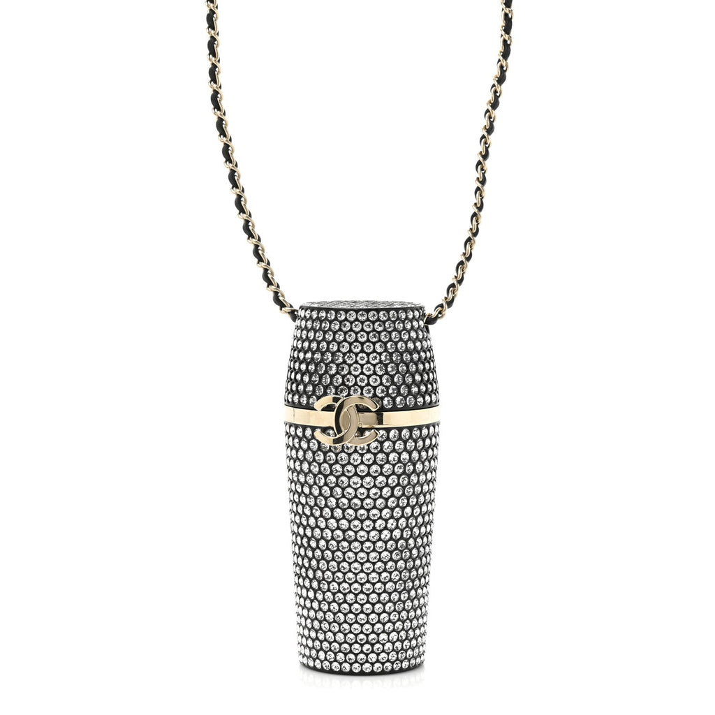 Metal Resin Lambskin Crystal Lipstick Case Long Necklace On Chain Silver Black Gold