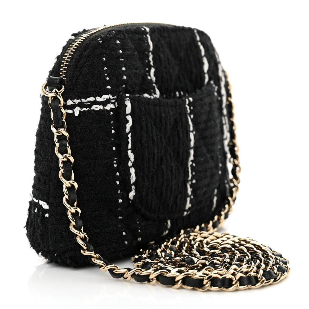 Tweed Quilted Mini Clutch With Chain Black White