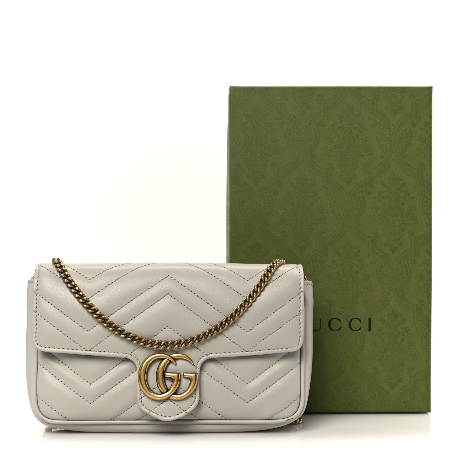 Calfskin Matelasse Mini GG Marmont Shoulder Bag With  Holder White Light Grey