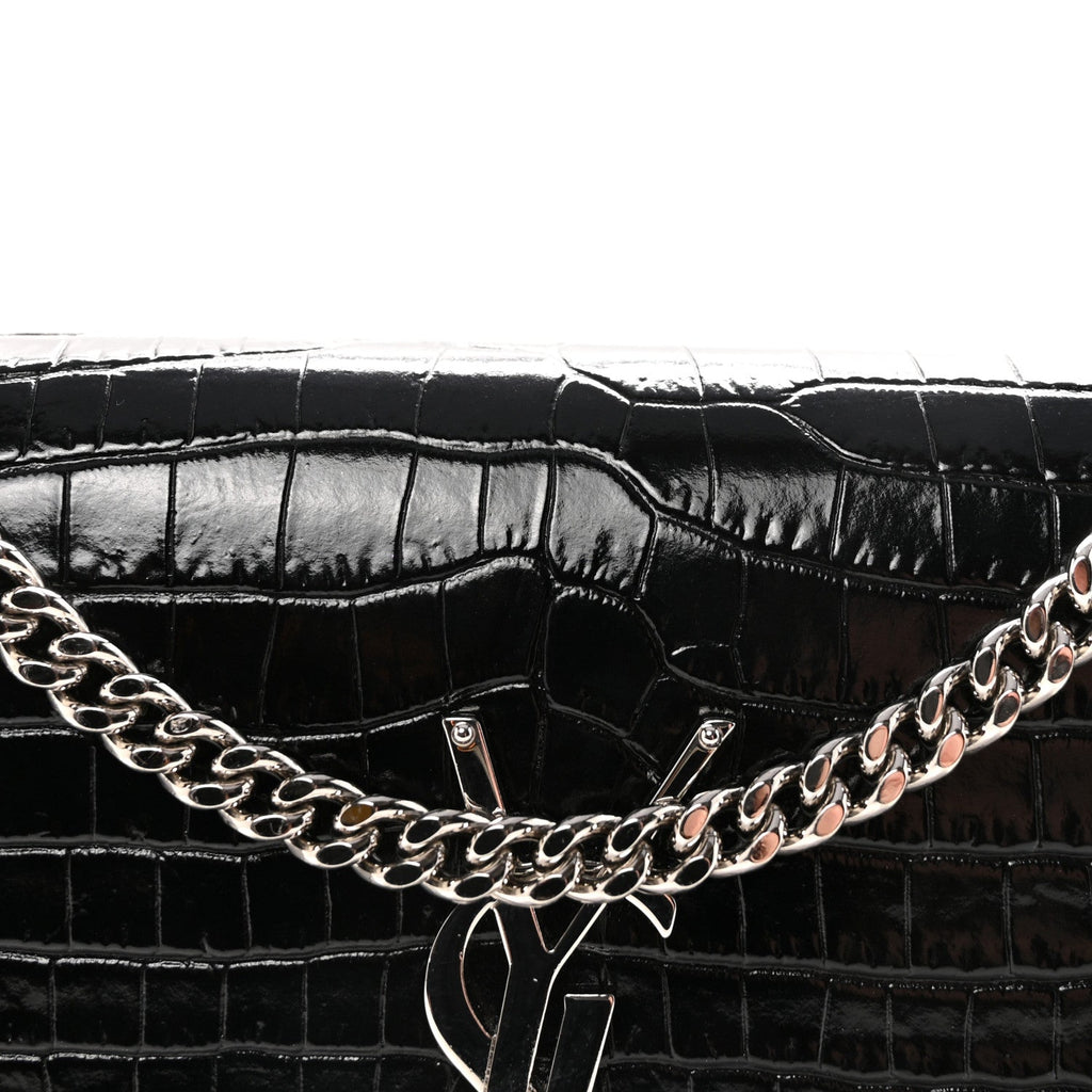 Calfskin Crocodile Embossed Small Classic Monogram Kate Tassel Satchel Black