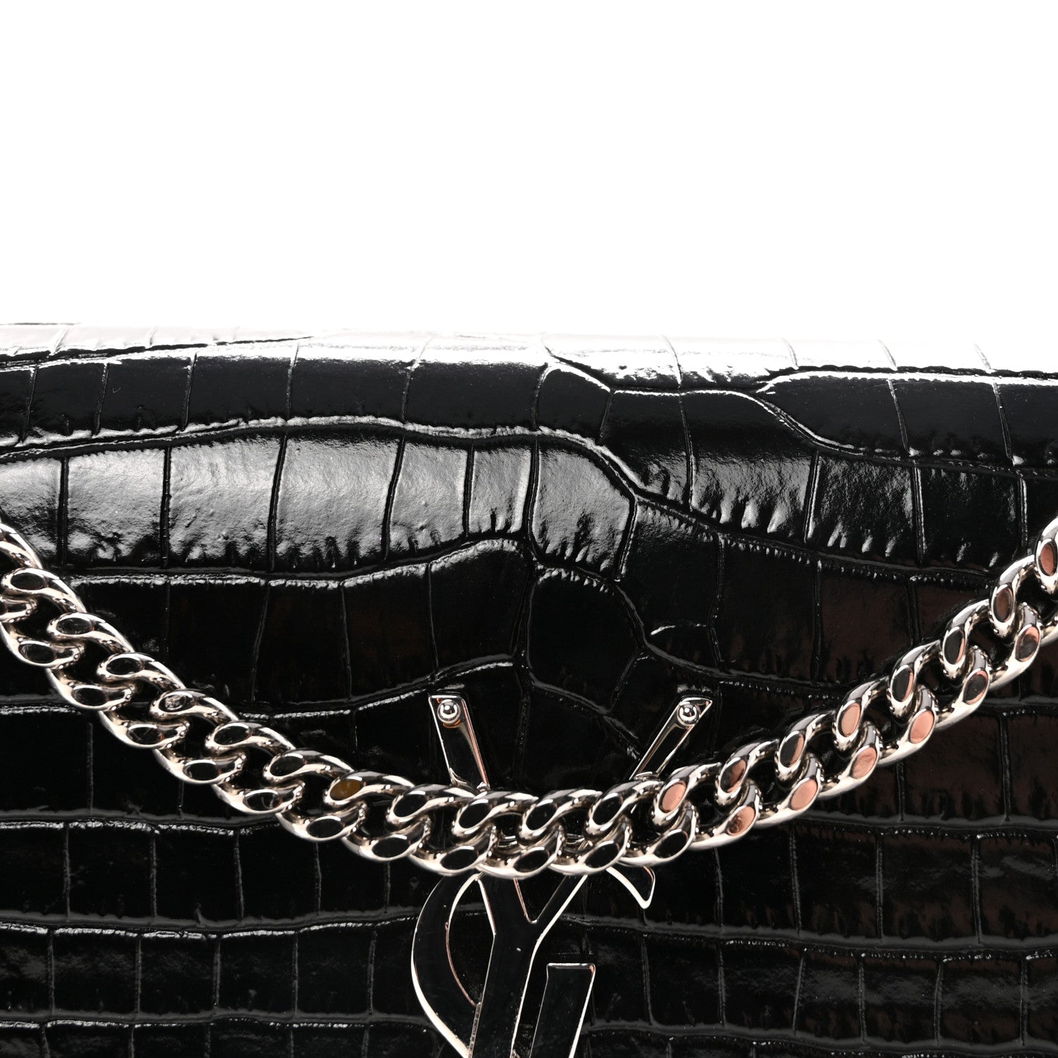 Calfskin Crocodile Embossed Small Classic Monogram Kate Tassel Satchel Black