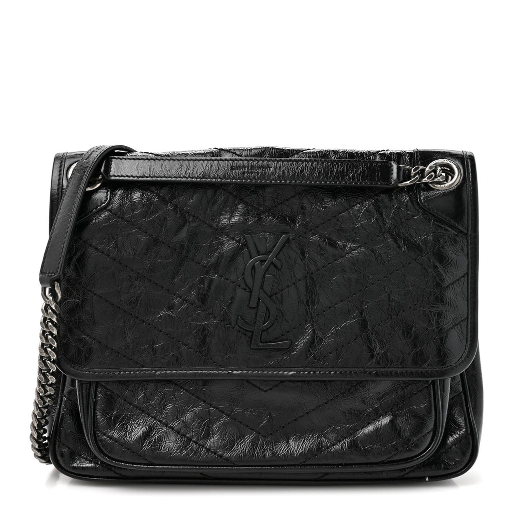 Crinkled Calfskin Matelasse Monogram Medium Niki Chain Satchel Black