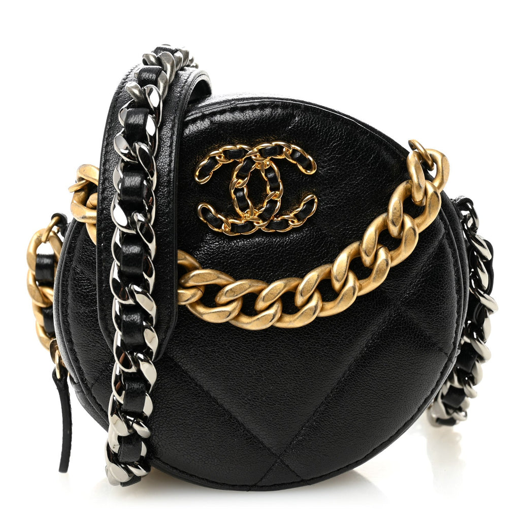 Shiny Goatskin Quilted Chanel 19 Round Clutch With Chain Black