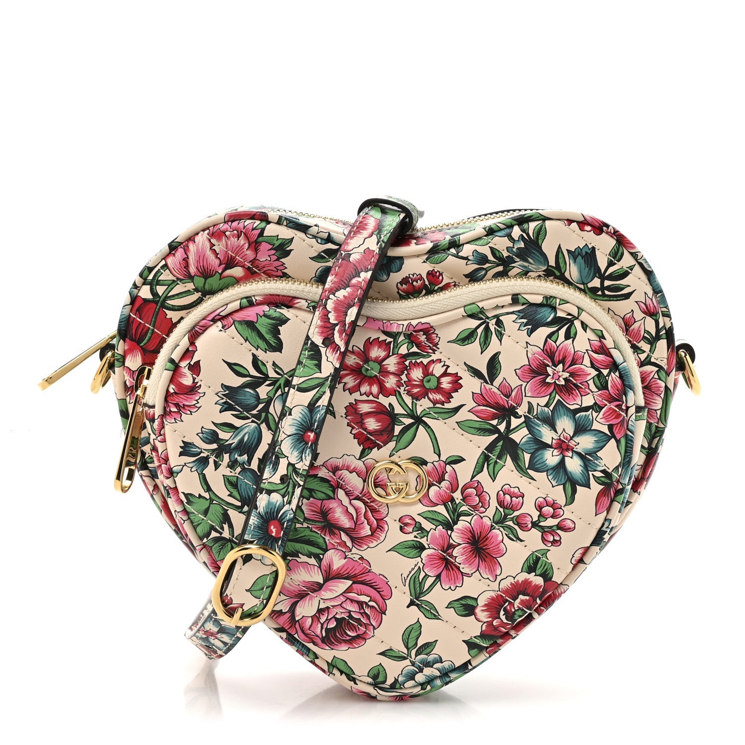 Calfskin Matelasse Diagonal Brit Roses Print Mini Interlocking G Heart Shoulder Bag  White Multicolor