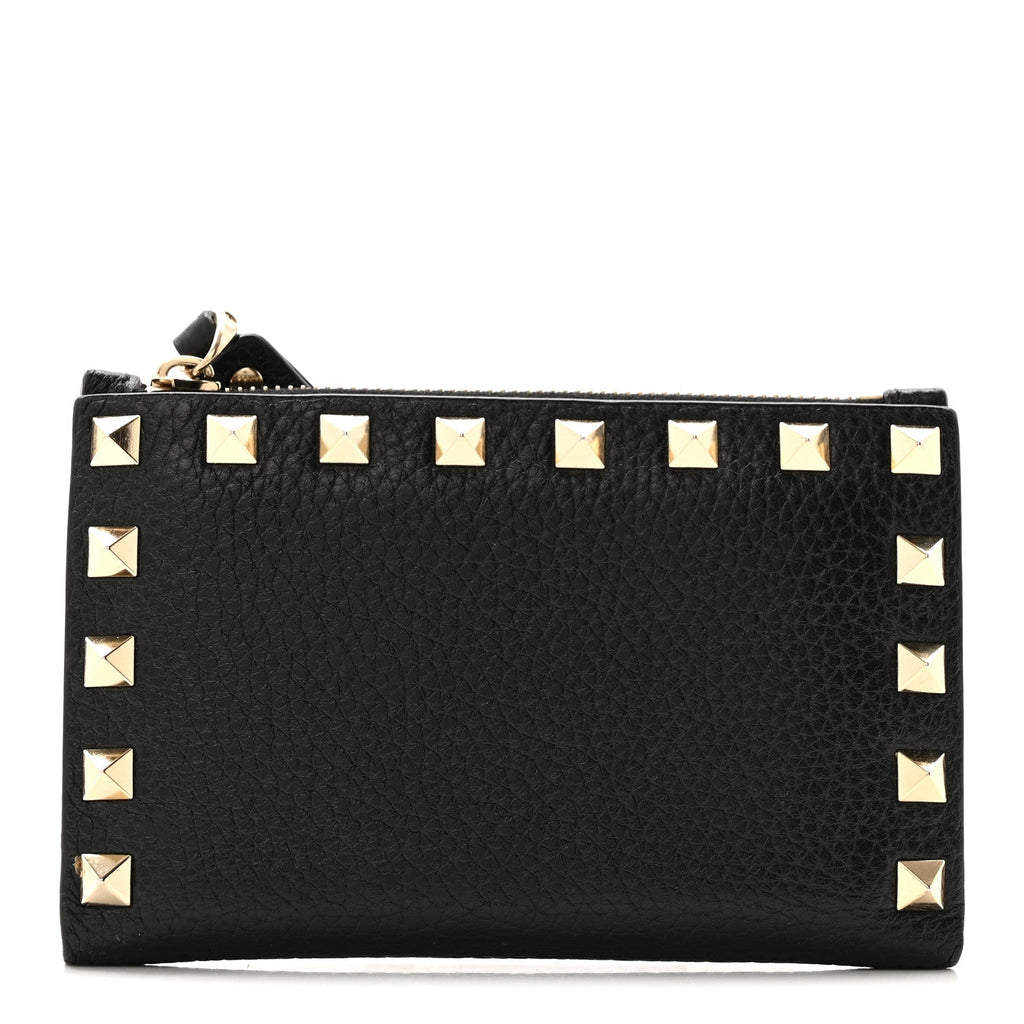 Pebbled Calfskin Rockstud Coin Case  Holder Black