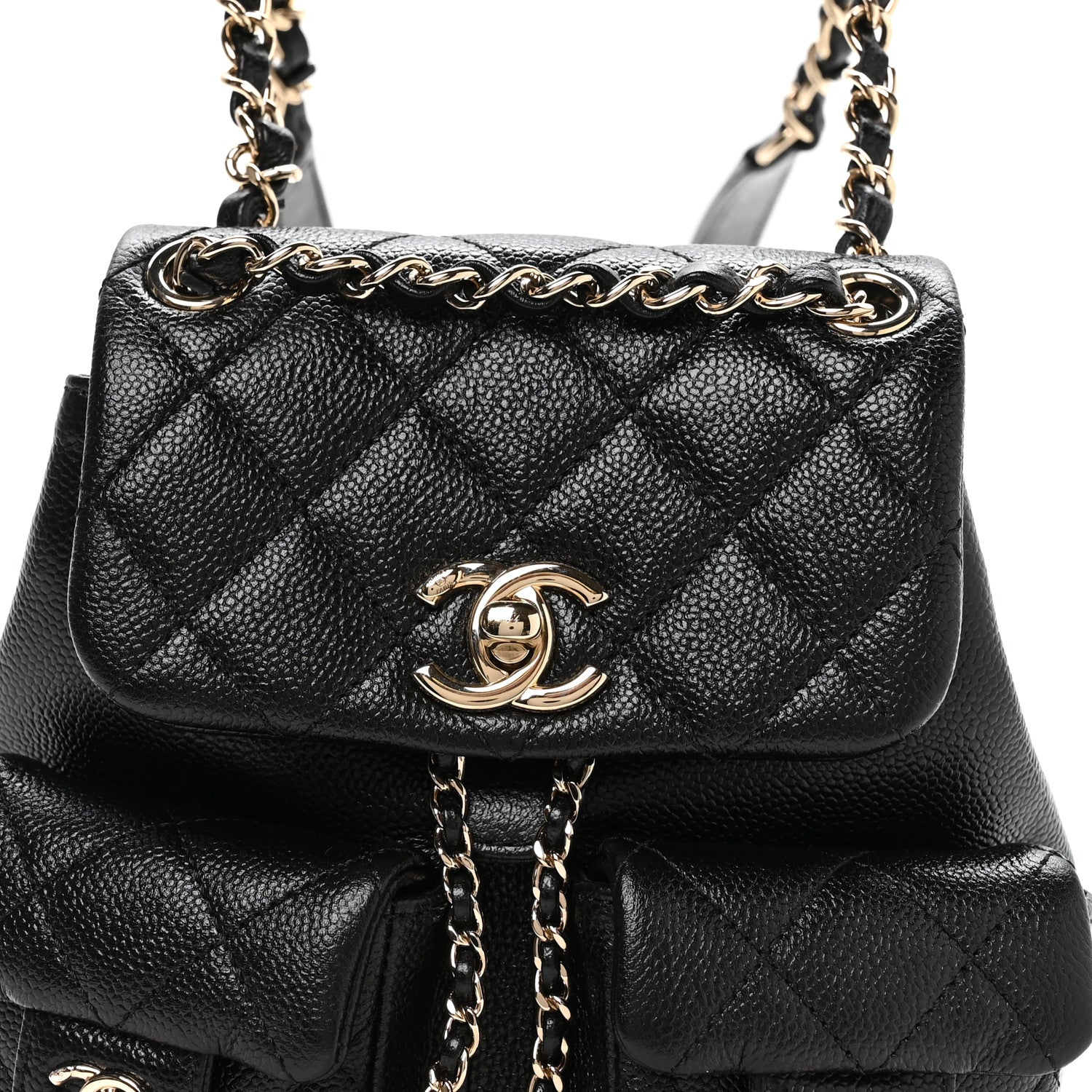 Shiny Caviar Quilted Small Duma Pockets Drawstring Backpack Black