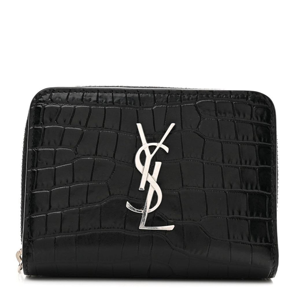 Calfskin Crocodile Embossed Monogram Compact Wallet Black